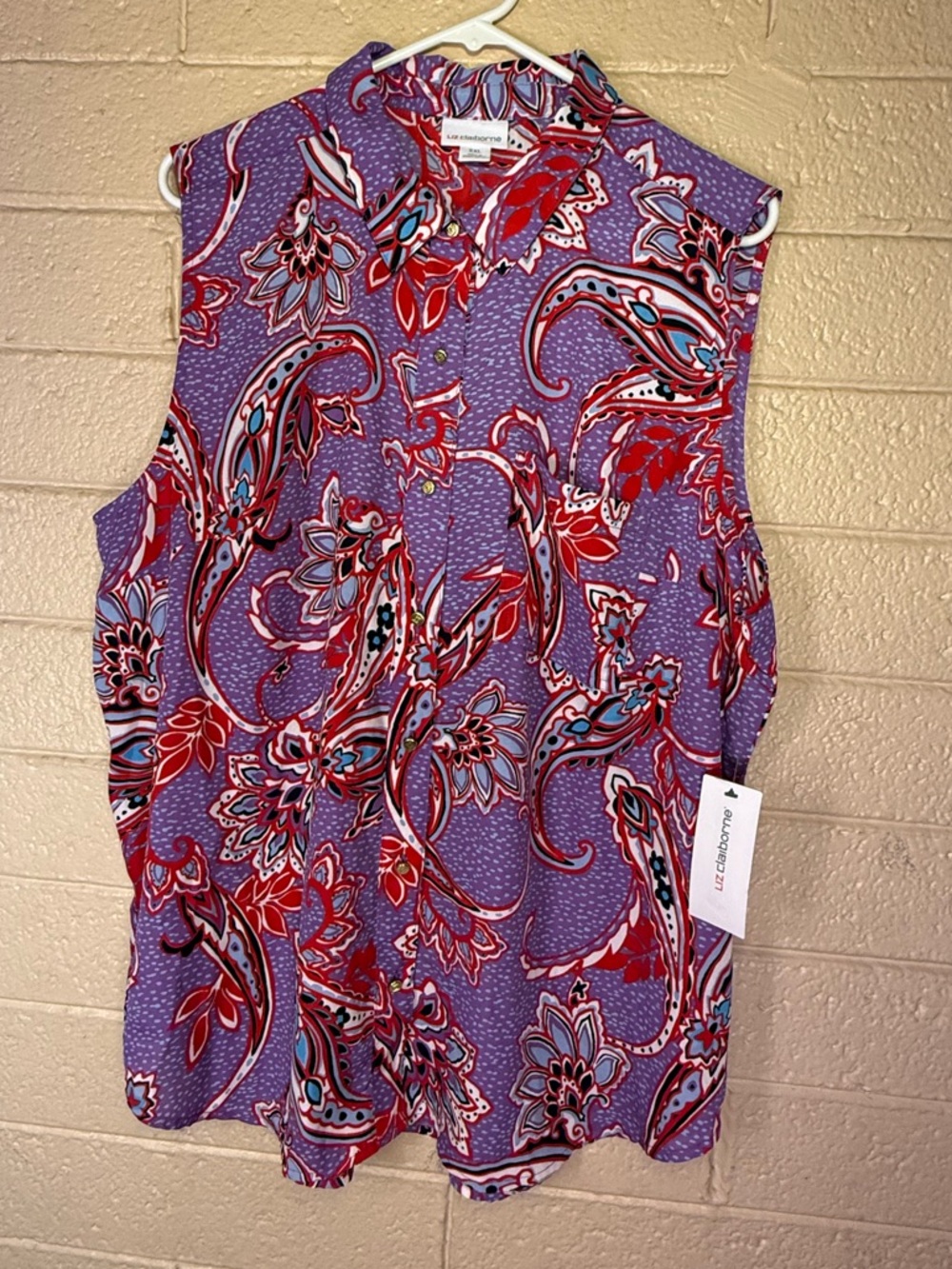 Liz Claiborne Purple Paisley Print Sleeveless Top with Red Accents
